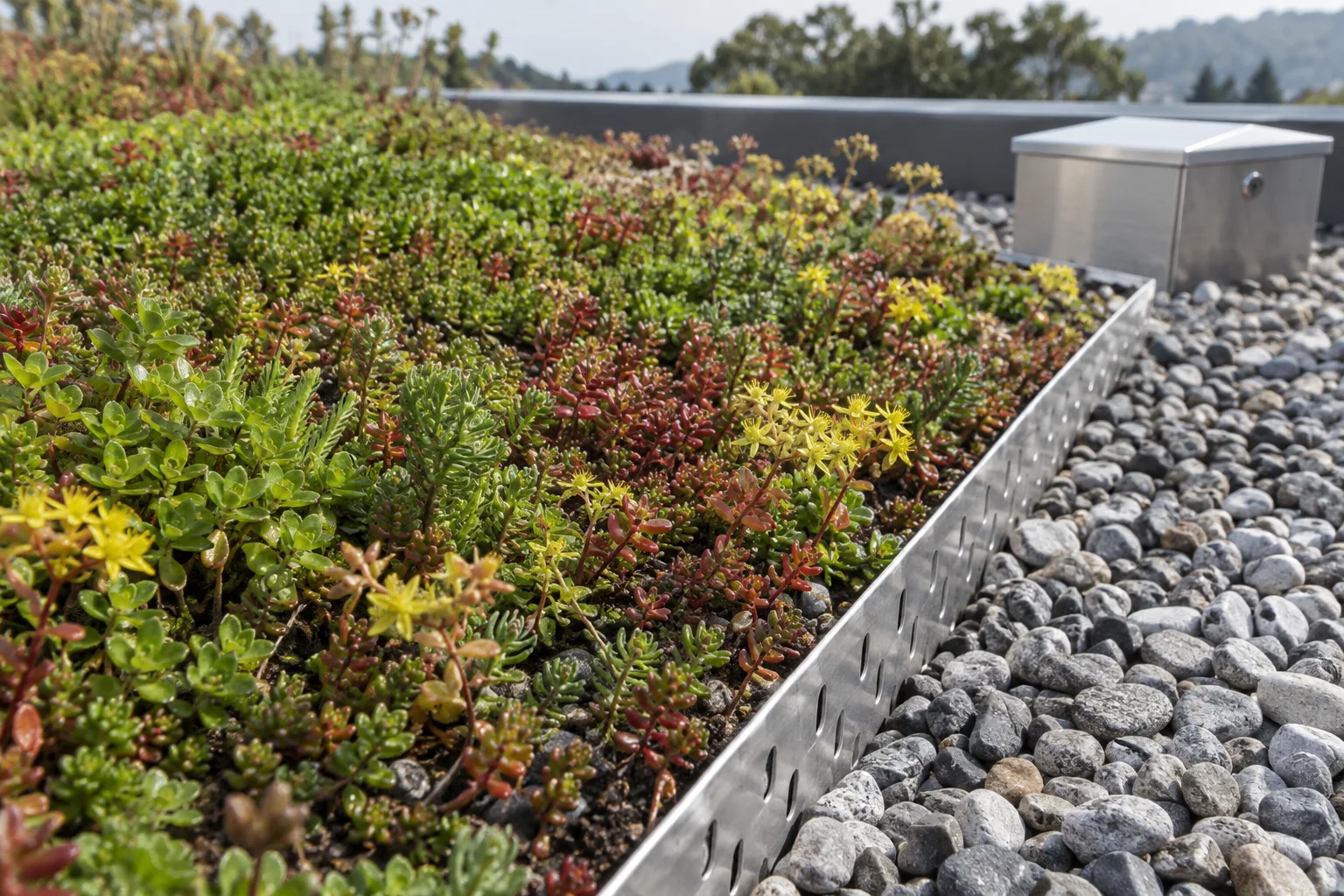 Sedum, Kiesrand und Kontrollschacht im Detail – KI-Visualisierung